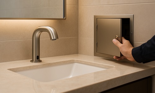 Close-up of touchless bathroom faucet, basin, and mirror highlighting sensor placement and detailing